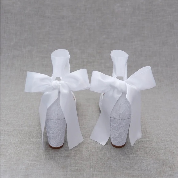 White Lace Block Heel with WRAPPED SATIN TIE, Women Wedding Shoes, Bridal Shoes - Picture 3 of 4